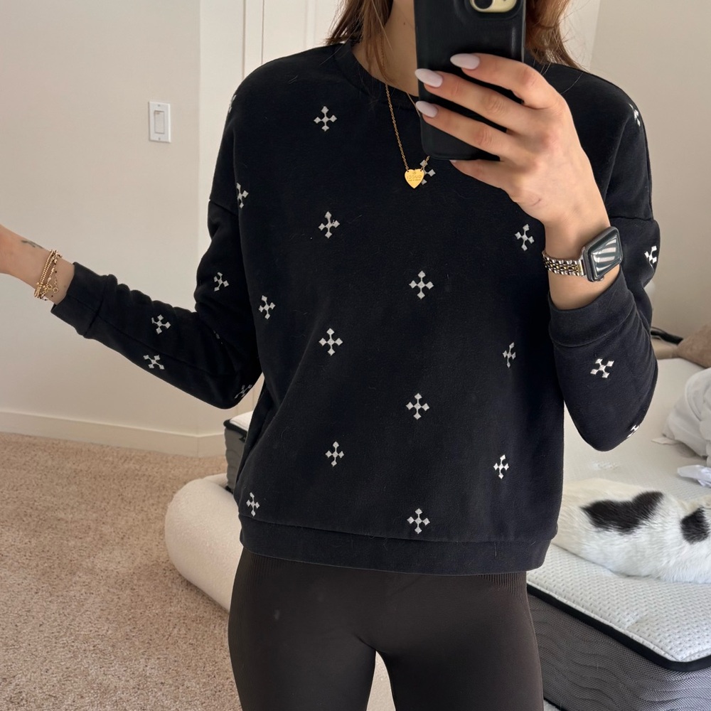 Max Jeans Charcoal pullover sweatshirt Top with White Cross Detail embroidered